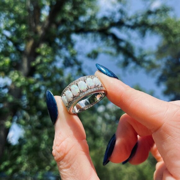 Fire Opal/Rhinestone Silver Plated Statement Ring Size 9 1/4 - Picture 1 of 6